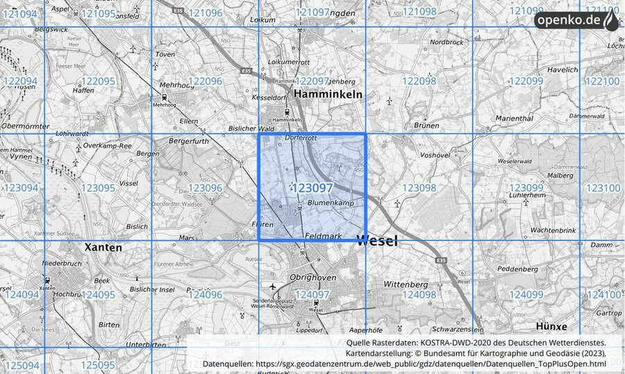 Übersichtskarte des KOSTRA-DWD-2020-Rasterfeldes Nr. 123097