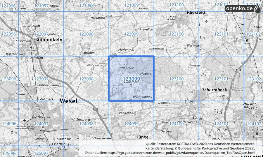 Übersichtskarte des KOSTRA-DWD-2020-Rasterfeldes Nr. 123099