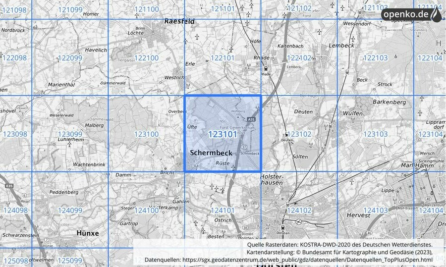 Übersichtskarte des KOSTRA-DWD-2020-Rasterfeldes Nr. 123101