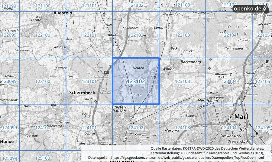 Übersichtskarte des KOSTRA-DWD-2020-Rasterfeldes Nr. 123102