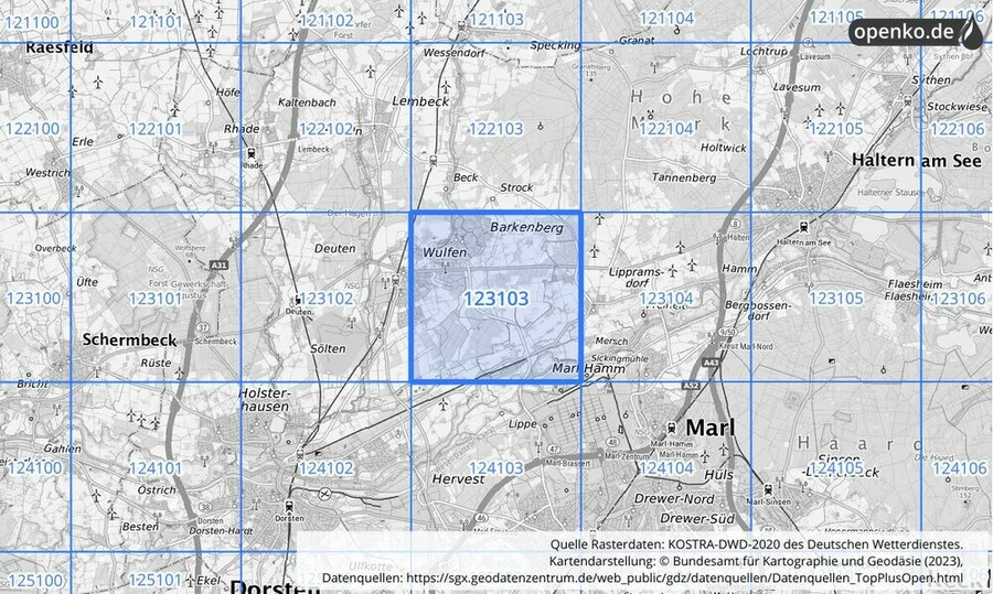 Übersichtskarte des KOSTRA-DWD-2020-Rasterfeldes Nr. 123103