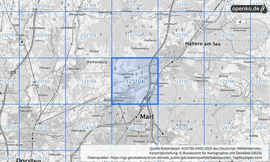 Übersichtskarte des KOSTRA-DWD-2020-Rasterfeldes Nr. 123104