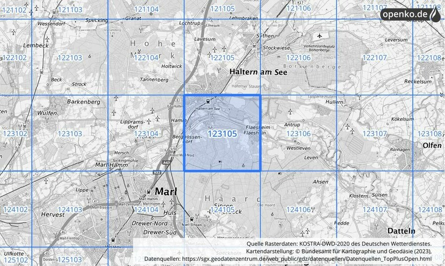 Übersichtskarte des KOSTRA-DWD-2020-Rasterfeldes Nr. 123105