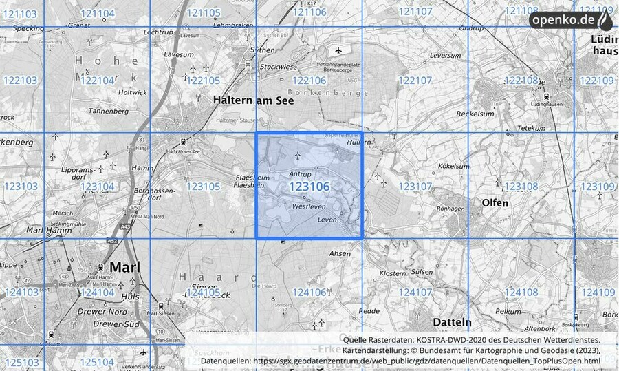 Übersichtskarte des KOSTRA-DWD-2020-Rasterfeldes Nr. 123106