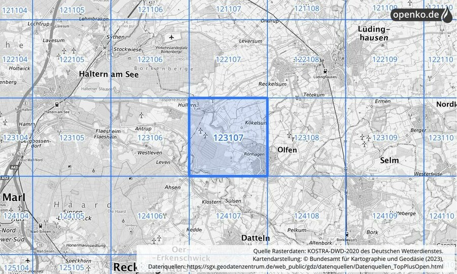 Übersichtskarte des KOSTRA-DWD-2020-Rasterfeldes Nr. 123107