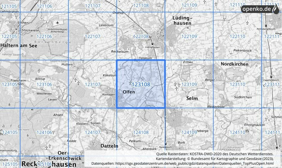 Übersichtskarte des KOSTRA-DWD-2020-Rasterfeldes Nr. 123108