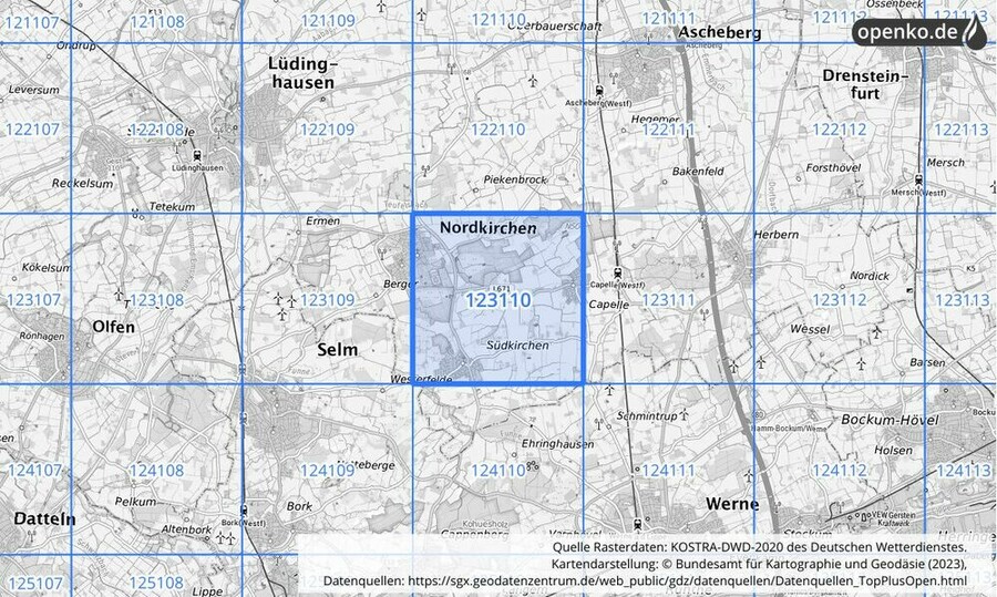 Übersichtskarte des KOSTRA-DWD-2020-Rasterfeldes Nr. 123110