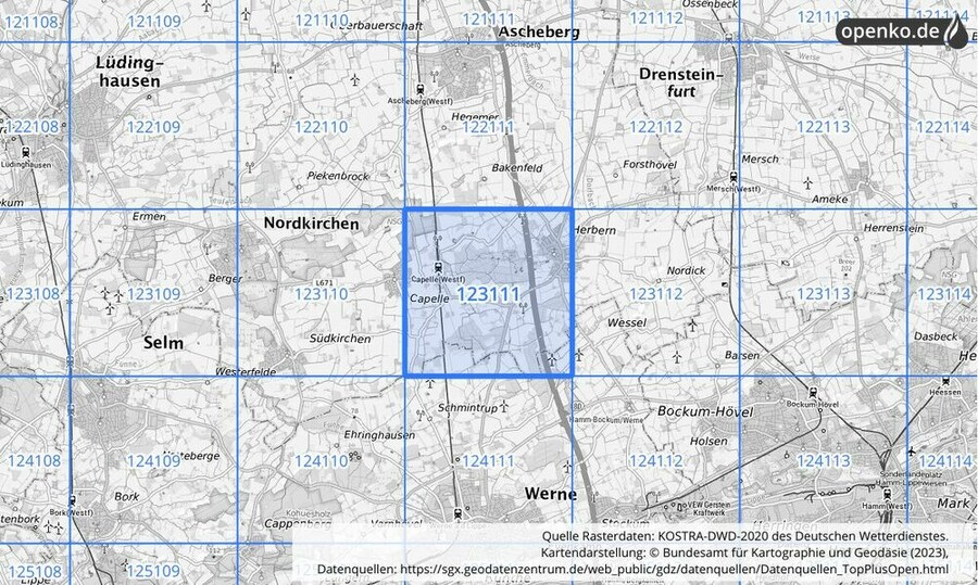 Übersichtskarte des KOSTRA-DWD-2020-Rasterfeldes Nr. 123111