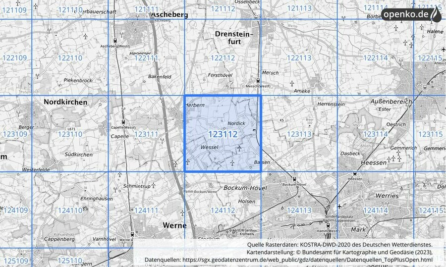 Übersichtskarte des KOSTRA-DWD-2020-Rasterfeldes Nr. 123112