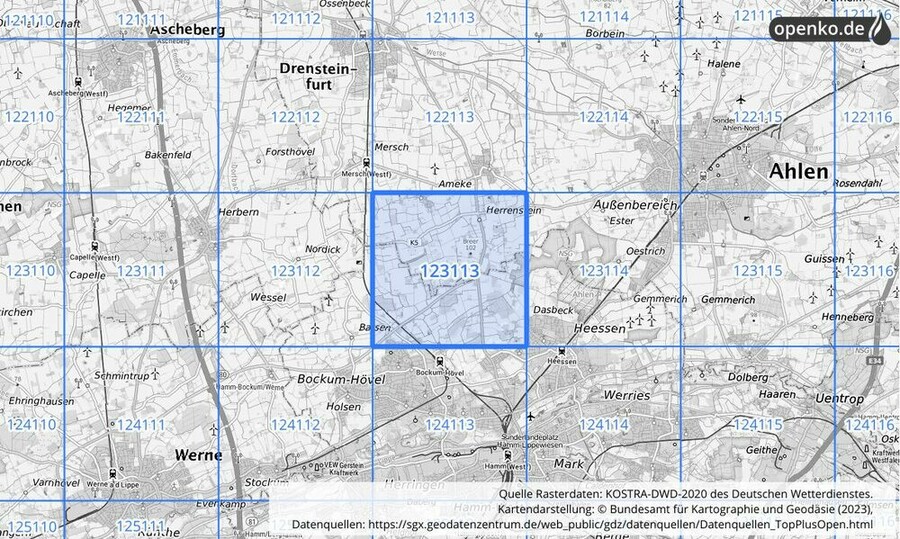 Übersichtskarte des KOSTRA-DWD-2020-Rasterfeldes Nr. 123113