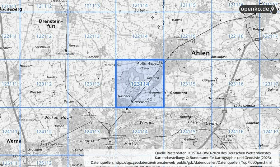 Übersichtskarte des KOSTRA-DWD-2020-Rasterfeldes Nr. 123114