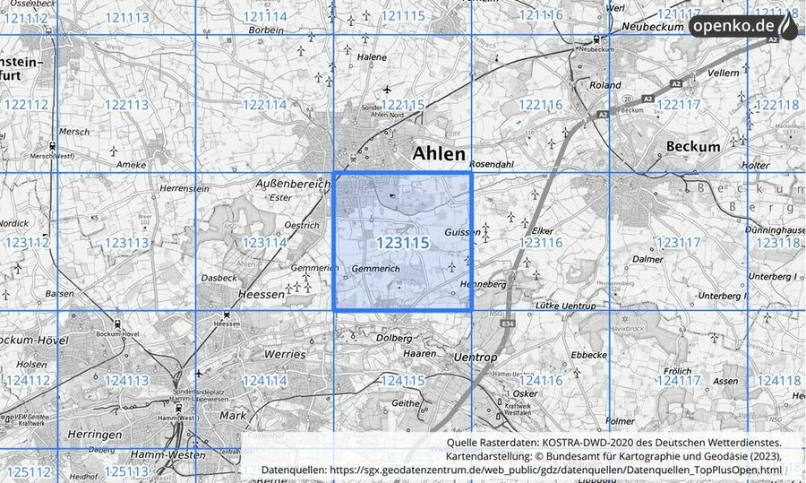 Übersichtskarte des KOSTRA-DWD-2020-Rasterfeldes Nr. 123115