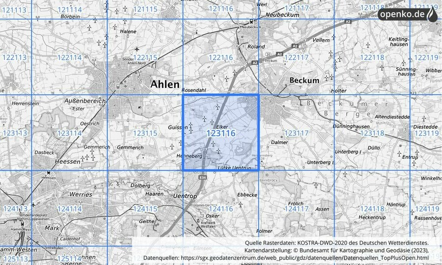 Übersichtskarte des KOSTRA-DWD-2020-Rasterfeldes Nr. 123116