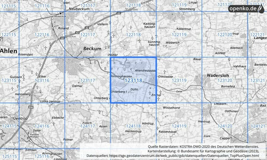 Übersichtskarte des KOSTRA-DWD-2020-Rasterfeldes Nr. 123118