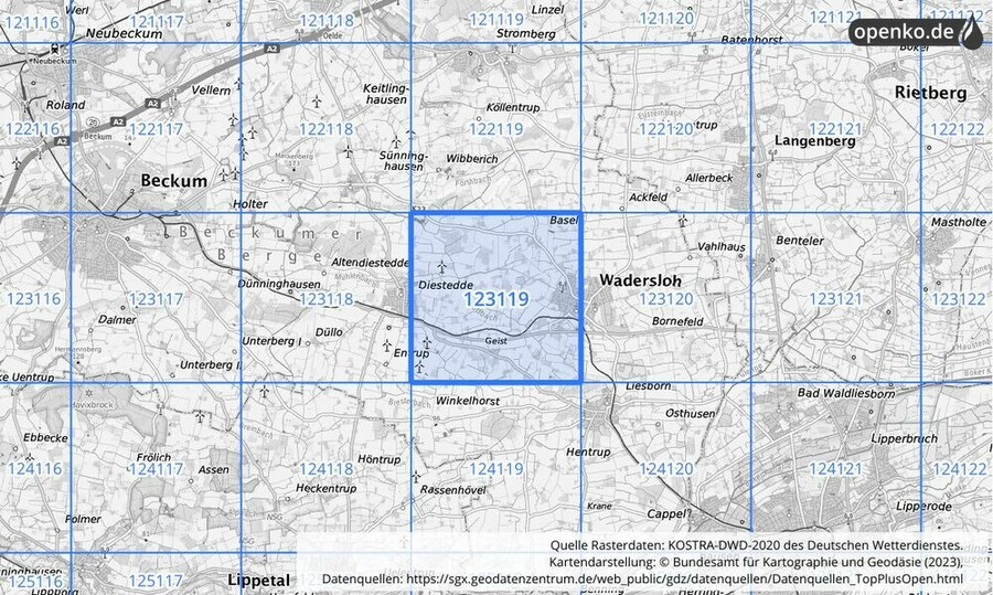 Übersichtskarte des KOSTRA-DWD-2020-Rasterfeldes Nr. 123119