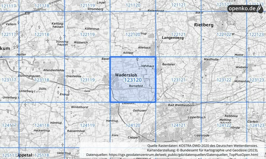 Übersichtskarte des KOSTRA-DWD-2020-Rasterfeldes Nr. 123120