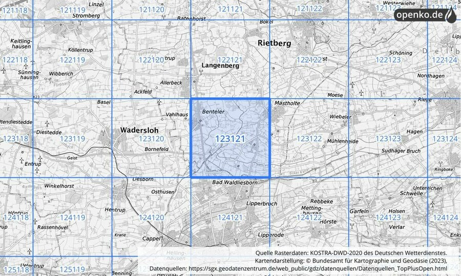 Übersichtskarte des KOSTRA-DWD-2020-Rasterfeldes Nr. 123121