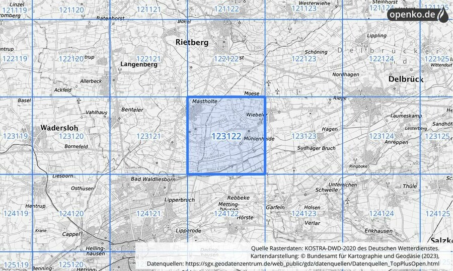 Übersichtskarte des KOSTRA-DWD-2020-Rasterfeldes Nr. 123122