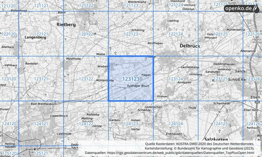 Übersichtskarte des KOSTRA-DWD-2020-Rasterfeldes Nr. 123123