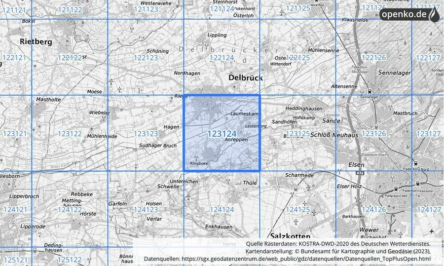 Übersichtskarte des KOSTRA-DWD-2020-Rasterfeldes Nr. 123124