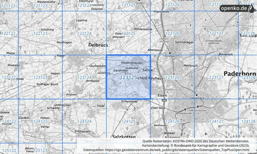 Übersichtskarte des KOSTRA-DWD-2020-Rasterfeldes Nr. 123125