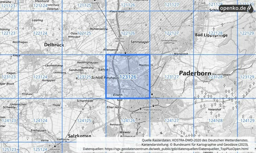 Übersichtskarte des KOSTRA-DWD-2020-Rasterfeldes Nr. 123126