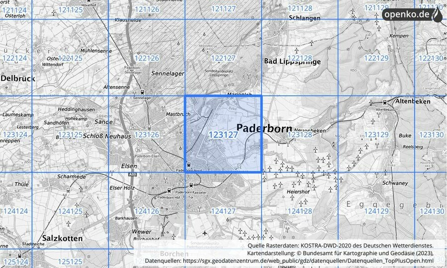 Übersichtskarte des KOSTRA-DWD-2020-Rasterfeldes Nr. 123127