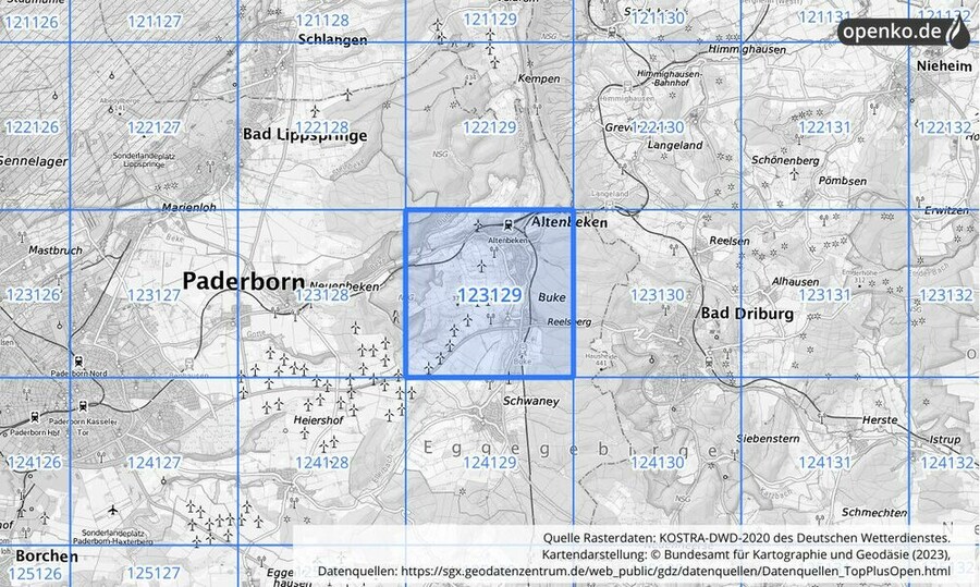 Übersichtskarte des KOSTRA-DWD-2020-Rasterfeldes Nr. 123129