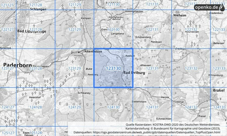 Übersichtskarte des KOSTRA-DWD-2020-Rasterfeldes Nr. 123130