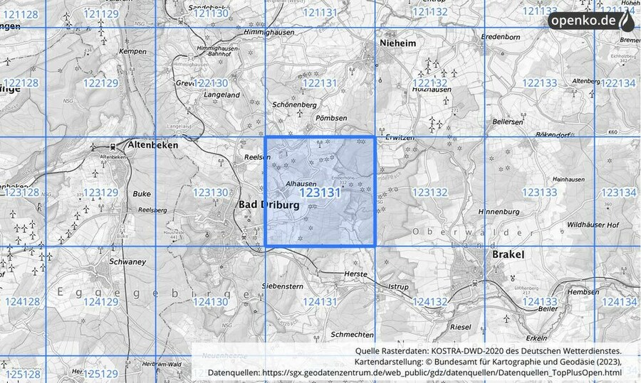 Übersichtskarte des KOSTRA-DWD-2020-Rasterfeldes Nr. 123131