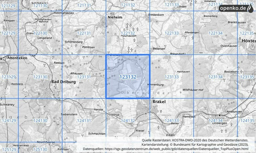 Übersichtskarte des KOSTRA-DWD-2020-Rasterfeldes Nr. 123132