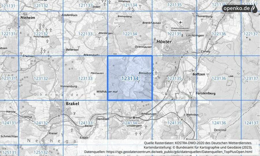 Übersichtskarte des KOSTRA-DWD-2020-Rasterfeldes Nr. 123134