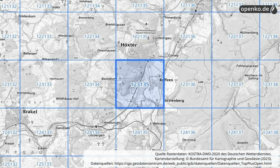 Übersichtskarte des KOSTRA-DWD-2020-Rasterfeldes Nr. 123135