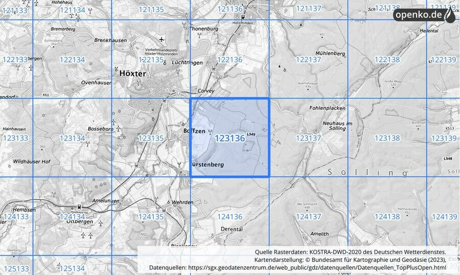 Übersichtskarte des KOSTRA-DWD-2020-Rasterfeldes Nr. 123136