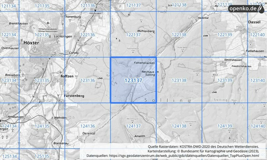 Übersichtskarte des KOSTRA-DWD-2020-Rasterfeldes Nr. 123137