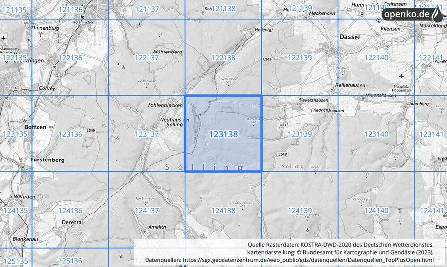 Übersichtskarte des KOSTRA-DWD-2020-Rasterfeldes Nr. 123138