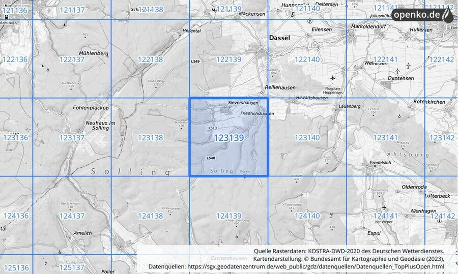 Übersichtskarte des KOSTRA-DWD-2020-Rasterfeldes Nr. 123139