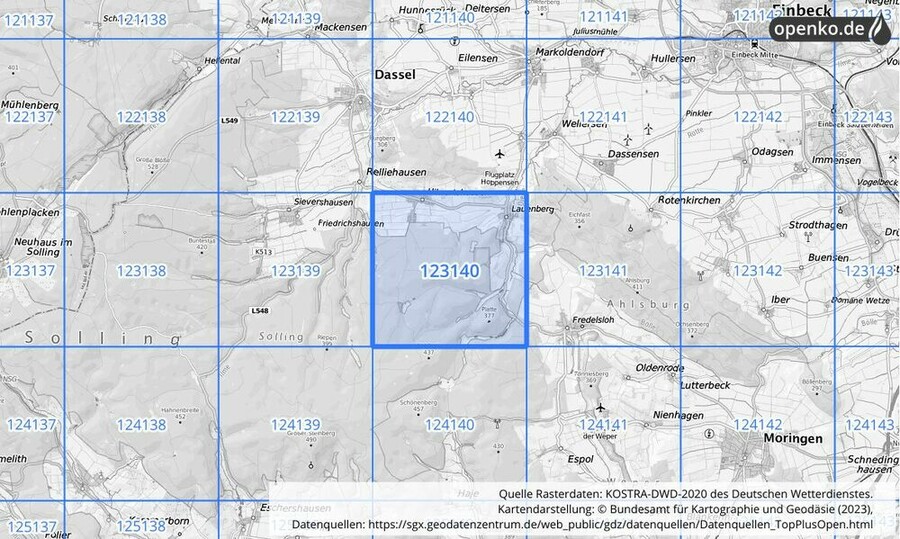 Übersichtskarte des KOSTRA-DWD-2020-Rasterfeldes Nr. 123140