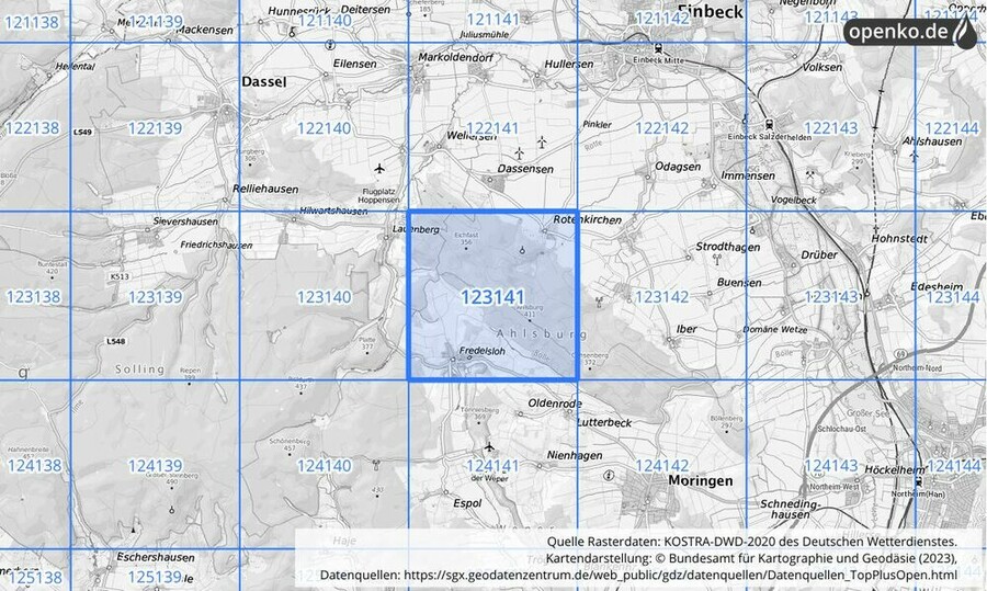 Übersichtskarte des KOSTRA-DWD-2020-Rasterfeldes Nr. 123141