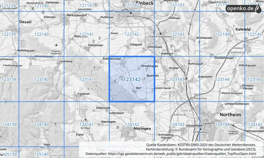 Übersichtskarte des KOSTRA-DWD-2020-Rasterfeldes Nr. 123142