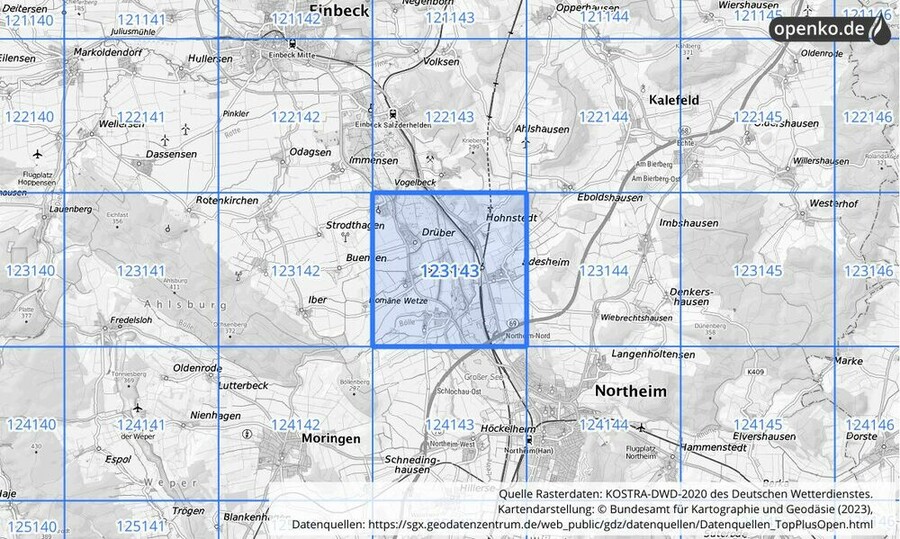 Übersichtskarte des KOSTRA-DWD-2020-Rasterfeldes Nr. 123143