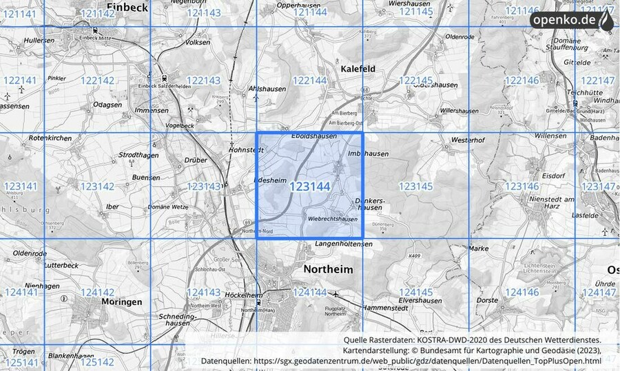 Übersichtskarte des KOSTRA-DWD-2020-Rasterfeldes Nr. 123144