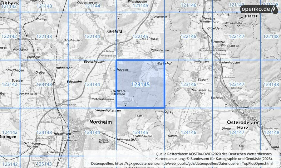 Übersichtskarte des KOSTRA-DWD-2020-Rasterfeldes Nr. 123145