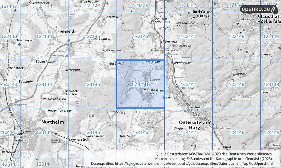 Übersichtskarte des KOSTRA-DWD-2020-Rasterfeldes Nr. 123146