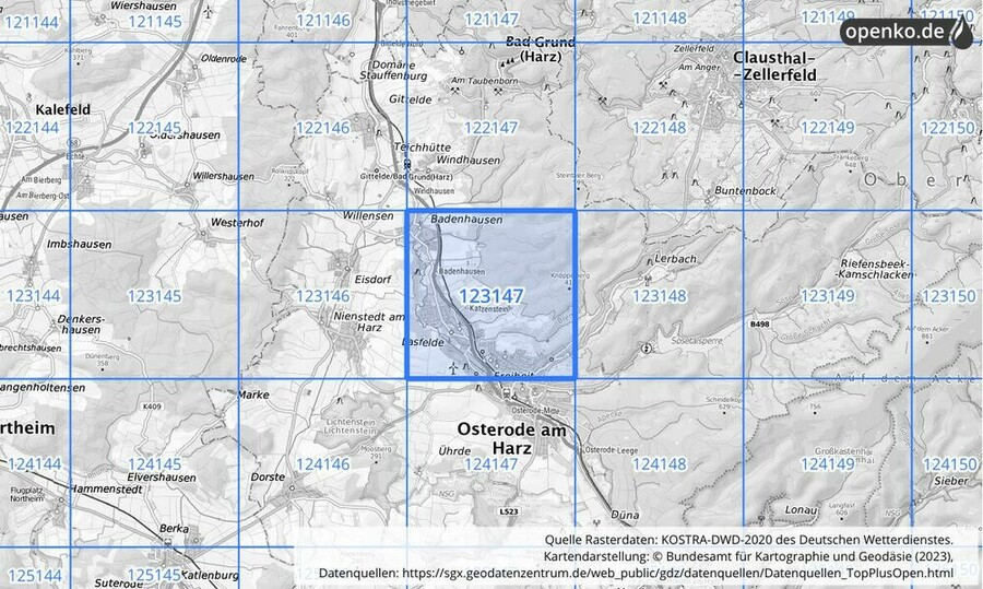 Übersichtskarte des KOSTRA-DWD-2020-Rasterfeldes Nr. 123147