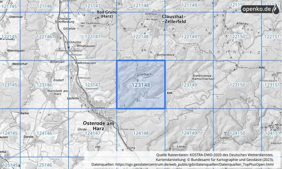 Übersichtskarte des KOSTRA-DWD-2020-Rasterfeldes Nr. 123148