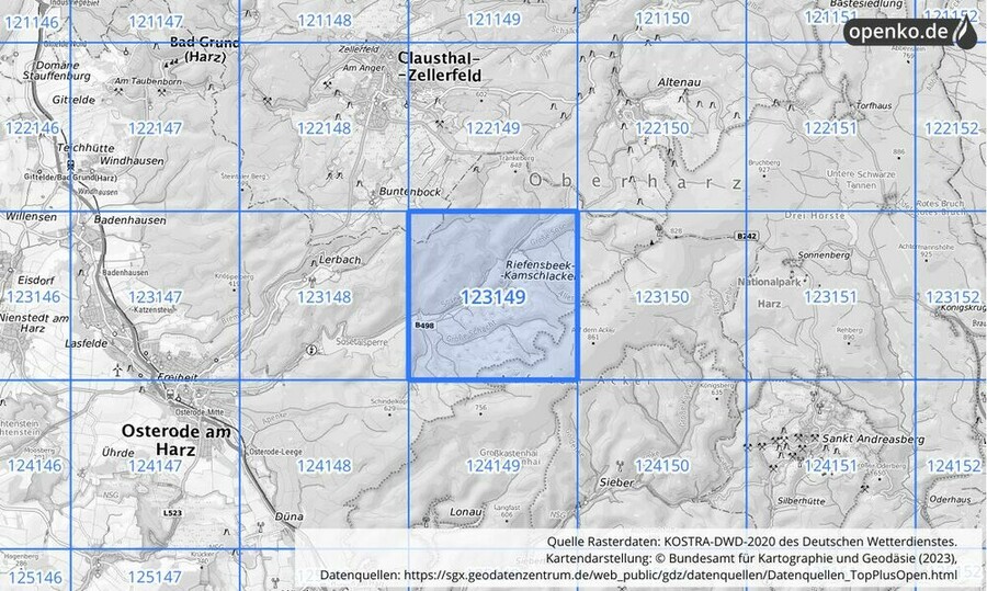 Übersichtskarte des KOSTRA-DWD-2020-Rasterfeldes Nr. 123149