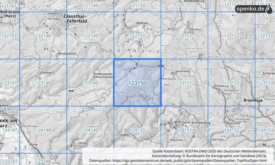 Übersichtskarte des KOSTRA-DWD-2020-Rasterfeldes Nr. 123150