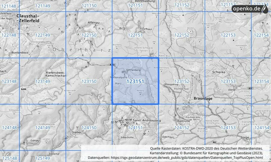 Übersichtskarte des KOSTRA-DWD-2020-Rasterfeldes Nr. 123151