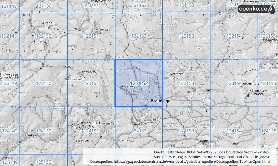 Übersichtskarte des KOSTRA-DWD-2020-Rasterfeldes Nr. 123152